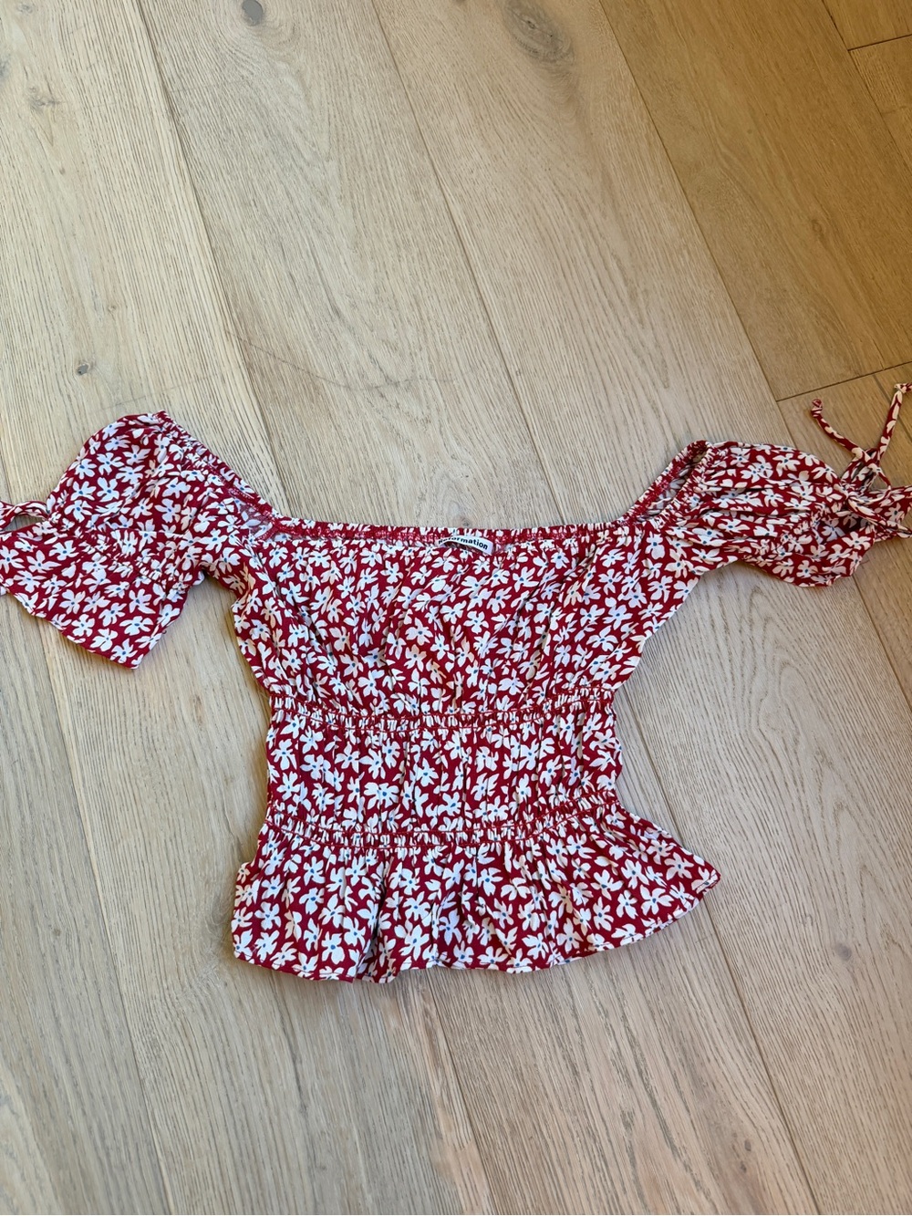 Reformation Red Floral Off-Shoulder Peplum Crop Top
